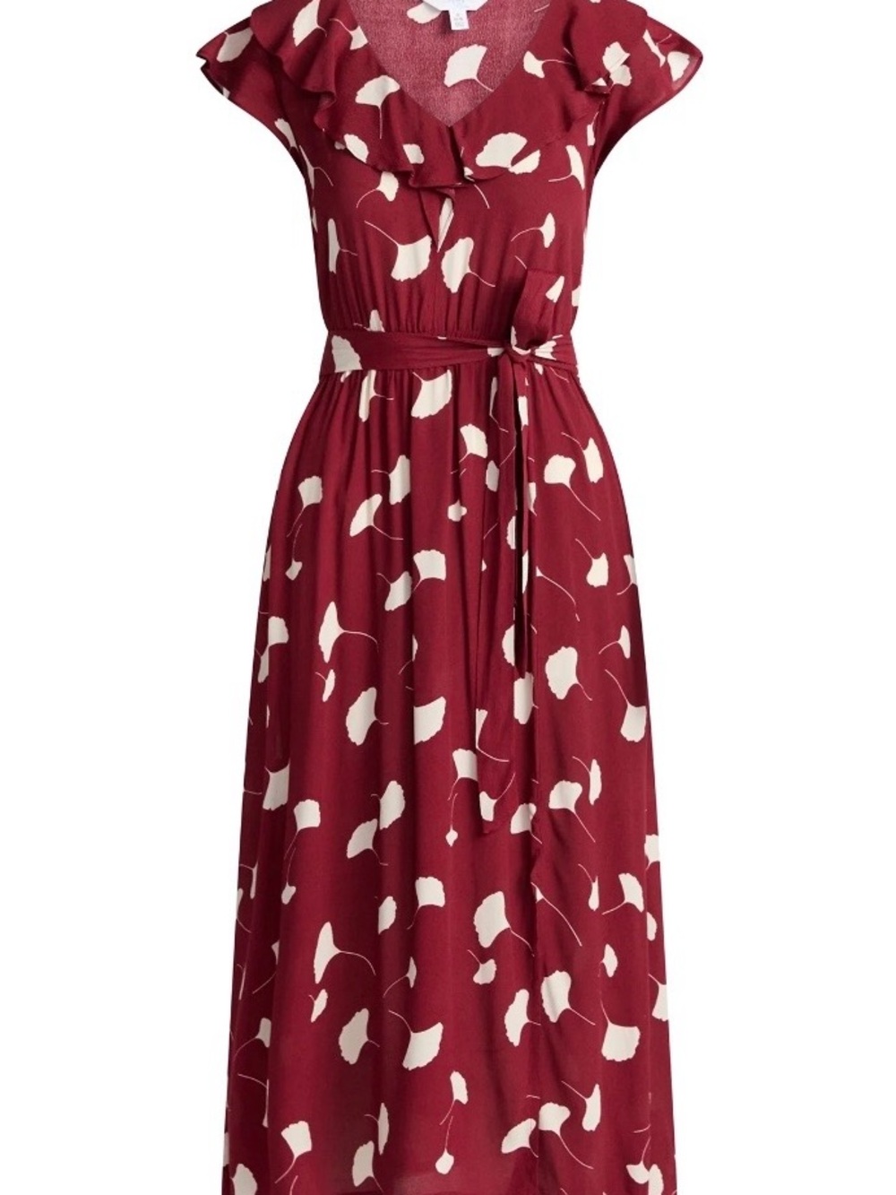 Time and Tru Burgundy Midi Dress with Cream Gingko Leaf Print XL